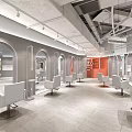 Modern Beauty Hair Salon Interior With White Salon Chairs Arched Mirrors Gray Walls Orange Accent