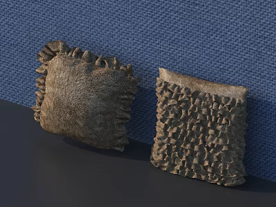 Neutral Textured Decorative Pillows with Ruffled Edges on Blue Fabric Background 3d model