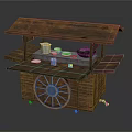 Vintage Wooden Food Cart With Roof Wheels And Cooking Utensils