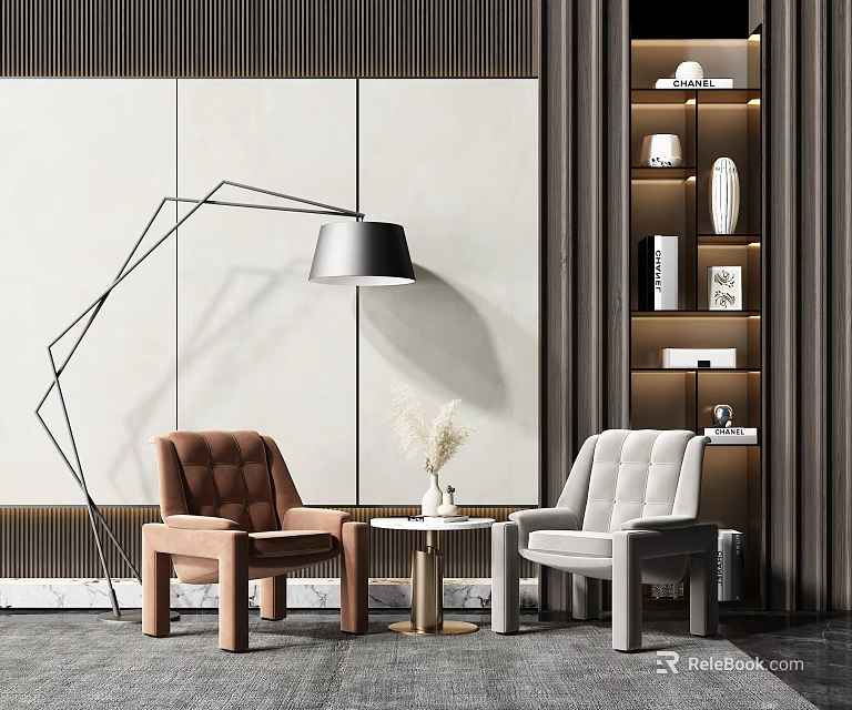 Modern Leisure Sofa Set With Brown Grey Accent Chairs Side Table Decorative Plant And Striped Wall 3d model 