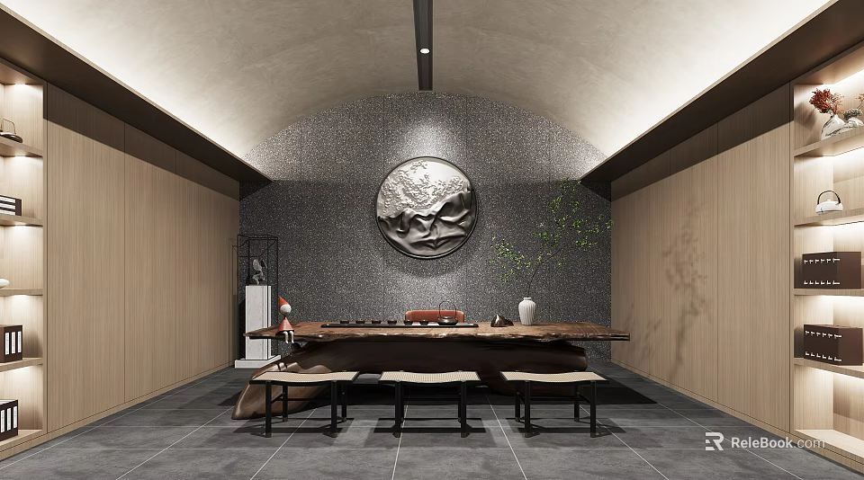 Traditional Tea Room With Circular Relief Sculpture Wooden Tea Table Green Plant And Wooden Benches 3d model 