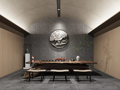 Traditional Tea Room With Circular Relief Sculpture Wooden Tea Table Green Plant And Wooden Benches 3d model