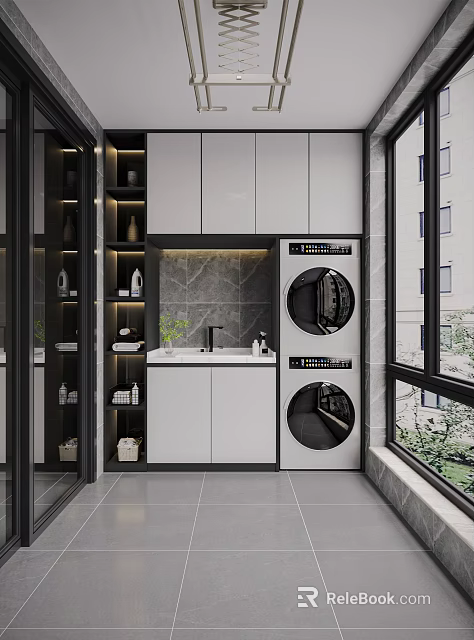 Modern Home Balcony With Stacked Washer Dryer White Cabinets Gray Marble Wall And Sink 3d model 