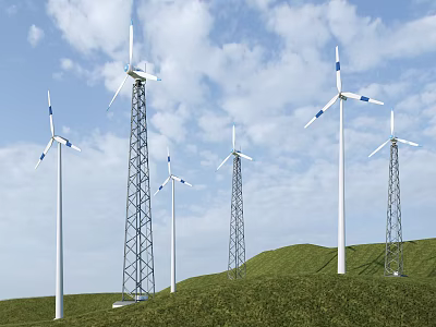 Multiple Industrial Wind Turbines Standing On Green Hills Under Blue Sky With Clouds 3d model