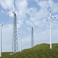 Multiple Industrial Wind Turbines Standing On Green Hills Under Blue Sky With Clouds