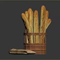 Fresh Baguettes Arranged in Wicker Basket with Decorative Paper Bag