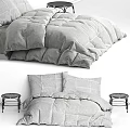 Double Bed with Soft Gray Quilted Bedding and Black Metal Side Table and Round Cushion 3d model