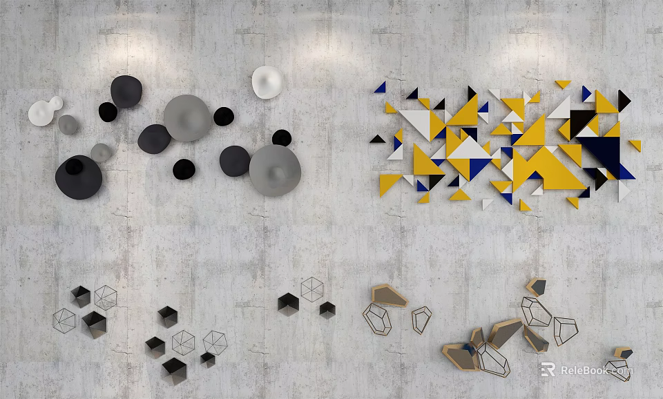 Modern Geometric Wall Decor With Black Gray Yellow Blue Shapes On Gray Wall 3d model
