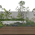 Lush Garden Landscape With Wooden Deck Green Grass Various Plants Stones Lantern And Background Building