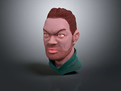 Detailed 3D Character Head Model With Red Hair Beard Green Collar And Serious Expression 3d model