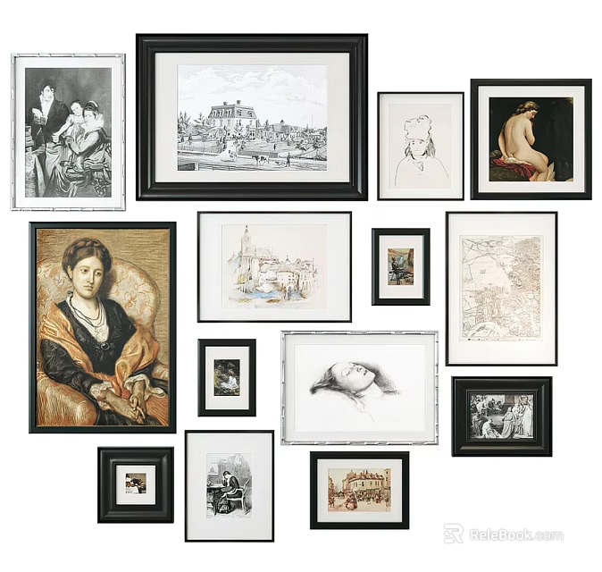 Eclectic Photo Wall With Diverse Frames Artwork Portraits And Architectural Prints 3d model 
