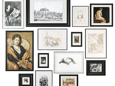Eclectic Photo Wall With Diverse Frames Artwork Portraits And Architectural Prints 3d model