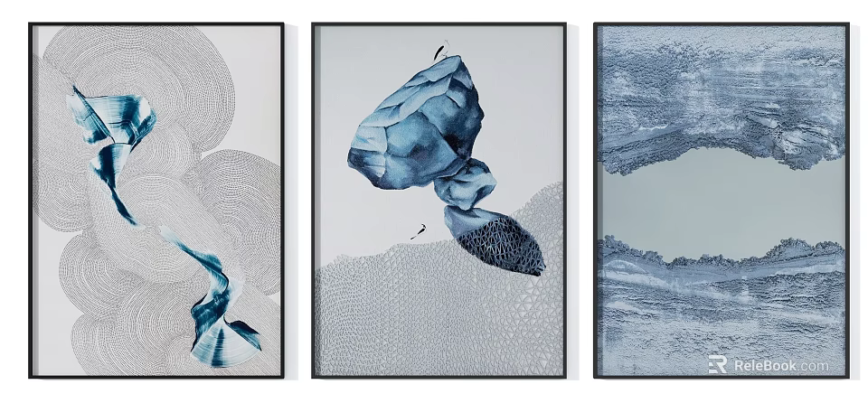 Modern Framed Abstract Blue White Wall Art With Textured Patterns Set 3d model