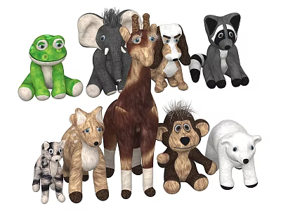 Assorted Plush Stuffed Animal Toys Collection Featuring Frog Elephant Giraffe Monkey And Polar Bear 3d model