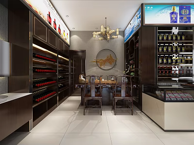 Elegant Modern Liquor Store Interior With Wine Shelves Tobacco Displays And Tables 3d model