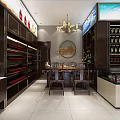 Elegant Modern Liquor Store Interior With Wine Shelves Tobacco Displays And Tables