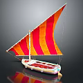 Decorative Sailboat with Orange and Red Striped Sail and Reflection