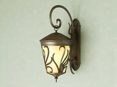 Vintage Bronze Metal Wall Lamp With Decorative Patterns And Soft Light On Light Green Wall 3d model