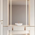 Elegant Modern Bathroom Vanity With White Cabinets Gold Accents Open Shelves And Mirror