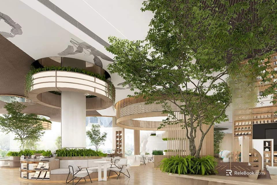 Modern Sales Office Interior With Green Plants Circular Structure White Columns And Natural Light 3d model 