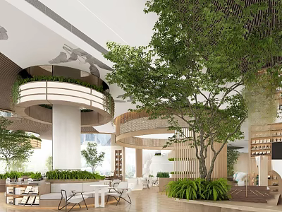 Modern Sales Office Interior With Green Plants Circular Structure White Columns And Natural Light 3d model