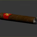 Brown Cigar With Red Label And Yellow Design Featuring Ash At Burned End