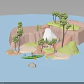 Low Poly Landscape With Trees Green Kayak Waterfall And Rocky Terrain