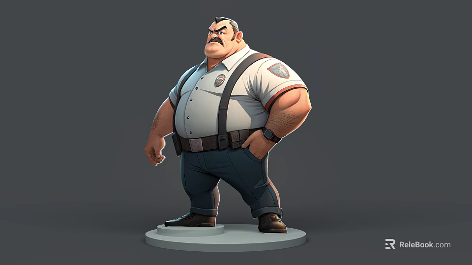 Muscular Man in Police Uniform with Badge as 3D Model Standing with Hands in Pockets 3d model 