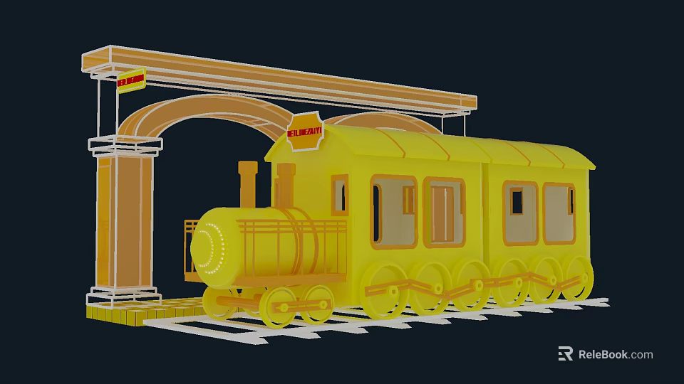 Cute Photo Spot With Yellow Train Arched Porch And Railway Track 3d model 