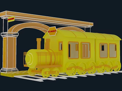 Cute Photo Spot With Yellow Train Arched Porch And Railway Track 3d model