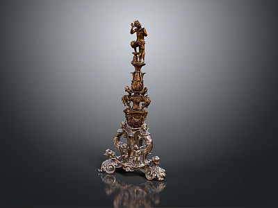 Antique Decorative Sculpture With Multi Tiered Design Intricate Carvings And Silver Base 3d model