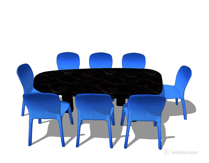 Black Oval Dining Table Set With Six Blue Chairs For Dining Room 3d model