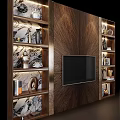 Modern TV Wall with Textured Wooden Panel Flanking Open Shelves Decorative Vases Sculptures and Books