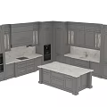 Dark Gray Classical Kitchen Cabinets With Carved Details Glass Doors And Marble Island