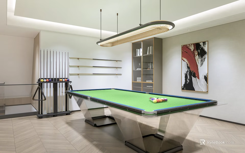 Modern Game Room With Pool Table Cue Rack And Art Decor 3d model 