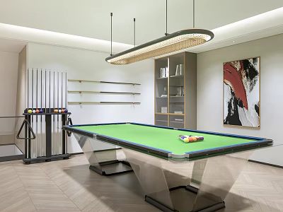 Modern Game Room With Pool Table Cue Rack And Art Decor 3d model