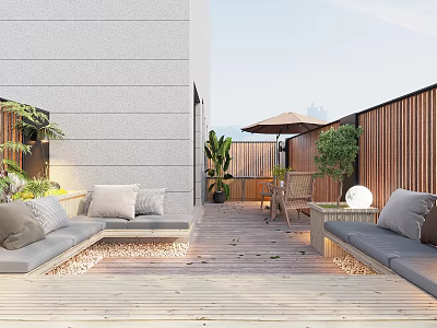 Modern Terrace Garden Landscape With Wooden Deck Gray Sofas Umbrella Table Chairs And Green Plants 3d model