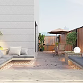 Modern Terrace Garden Landscape With Wooden Deck Gray Sofas Umbrella Table Chairs And Green Plants