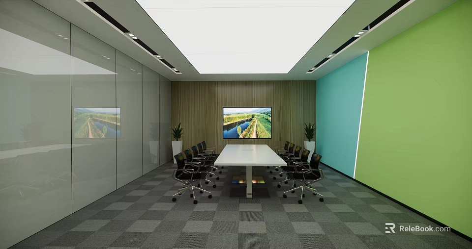 Modern Conference Room With Long Table Black Chairs Large Screen Green Walls And Plants 3d model 