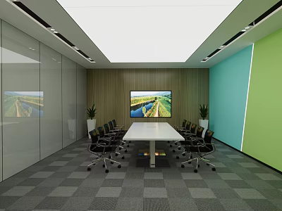 Modern Conference Room With Long Table Black Chairs Large Screen Green Walls And Plants 3d model
