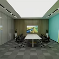 Modern Conference Room With Long Table Black Chairs Large Screen Green Walls And Plants