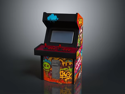 Graffiti Decorated Arcade Machine With Colorful Artwork Screen And Red Controls 3d model