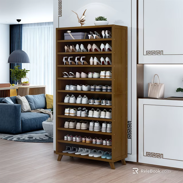 Tall Wooden Shoe Cabinet Organizing Various Shoes In Modern Living Room With Sofa And Lamp 3d model 