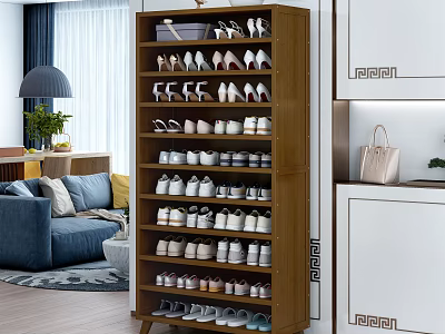 Tall Wooden Shoe Cabinet Organizing Various Shoes In Modern Living Room With Sofa And Lamp 3d model