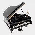 Black Classical Grand Piano Musical Instrument With Open Lid And Decorative Candlesticks