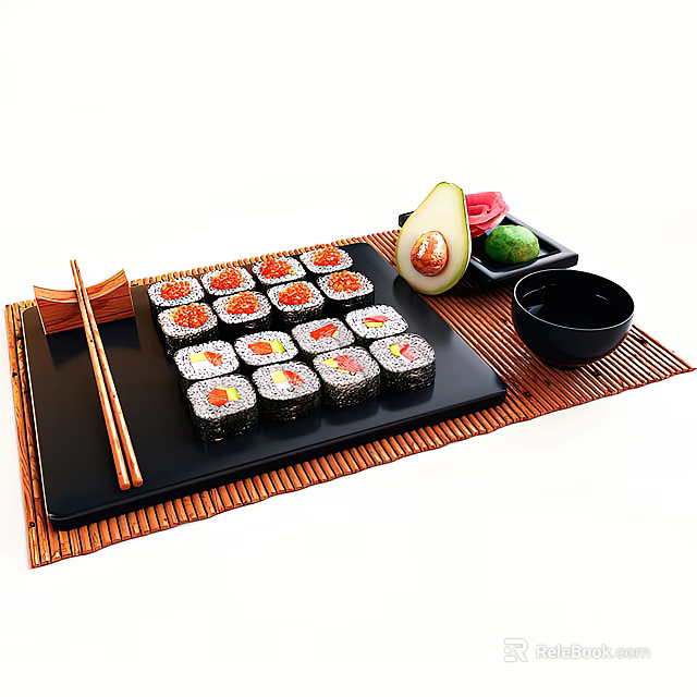 Fresh Sushi Rolls With Avocado Pickled Ginger Soy Sauce And Chopsticks On Bamboo Mat 3d model 