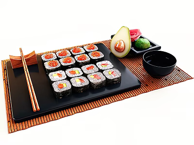 Fresh Sushi Rolls With Avocado Pickled Ginger Soy Sauce And Chopsticks On Bamboo Mat 3d model