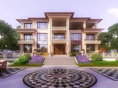 Elegant Detached Villa Exterior With Symmetric Design Stone Steps Circular Patterned Courtyard And Green Trees 3d model
