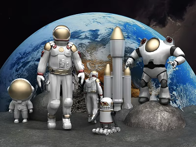 Astronaut and Rocket Dolls in Space Scene With Earth and Moon Surface 3d model
