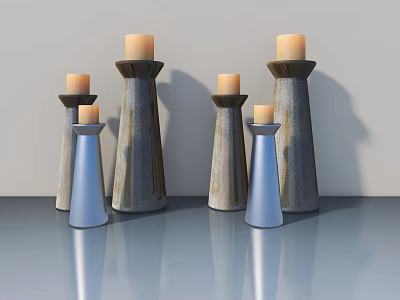 Modern Minimalist Candle Holders In Gray And Blue With Lit Candles On Smooth Countertop 3d model